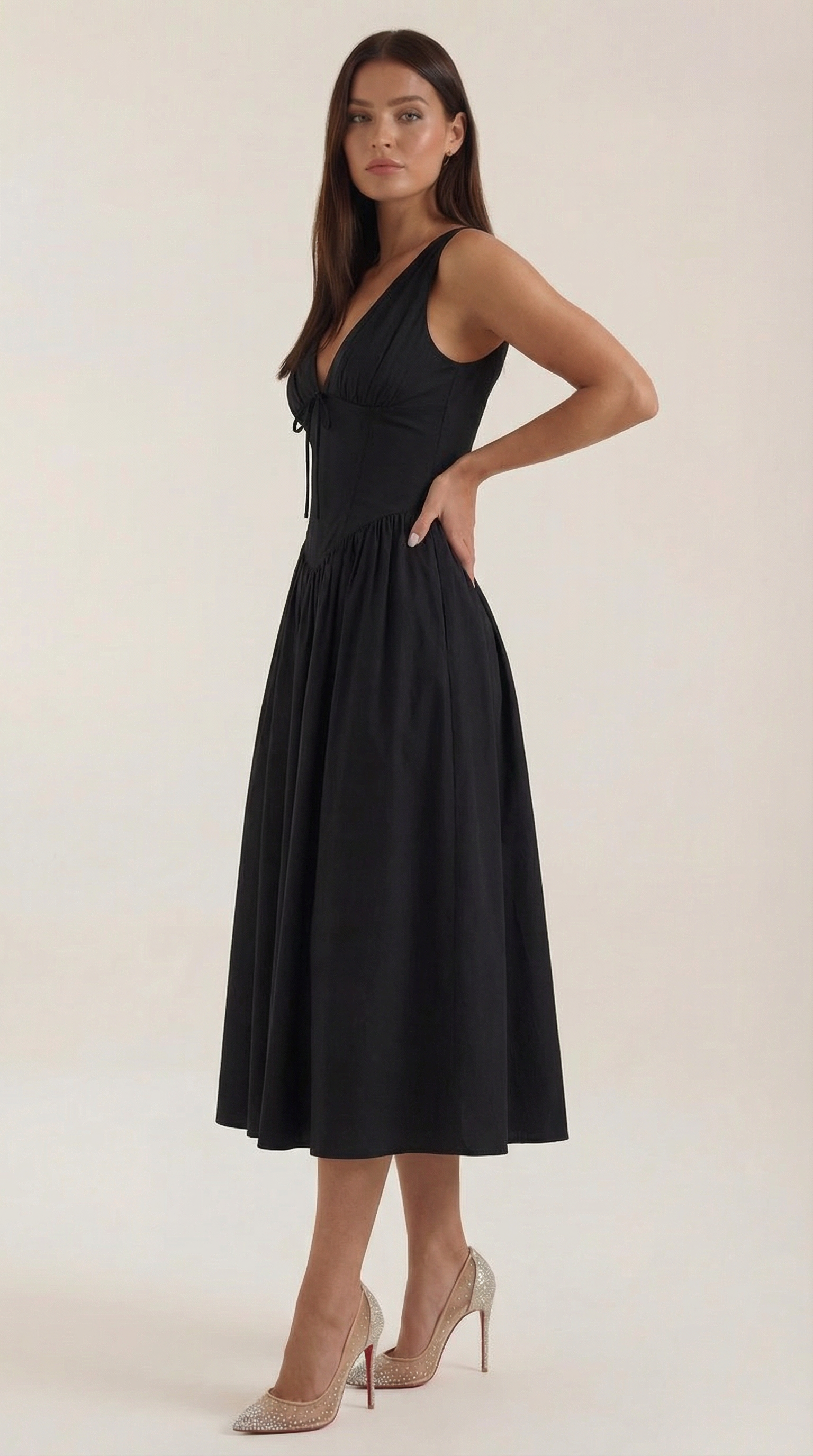 Midi Plunge Dress in Soft Fabric - Elegant Casual Wear for Parties and Events