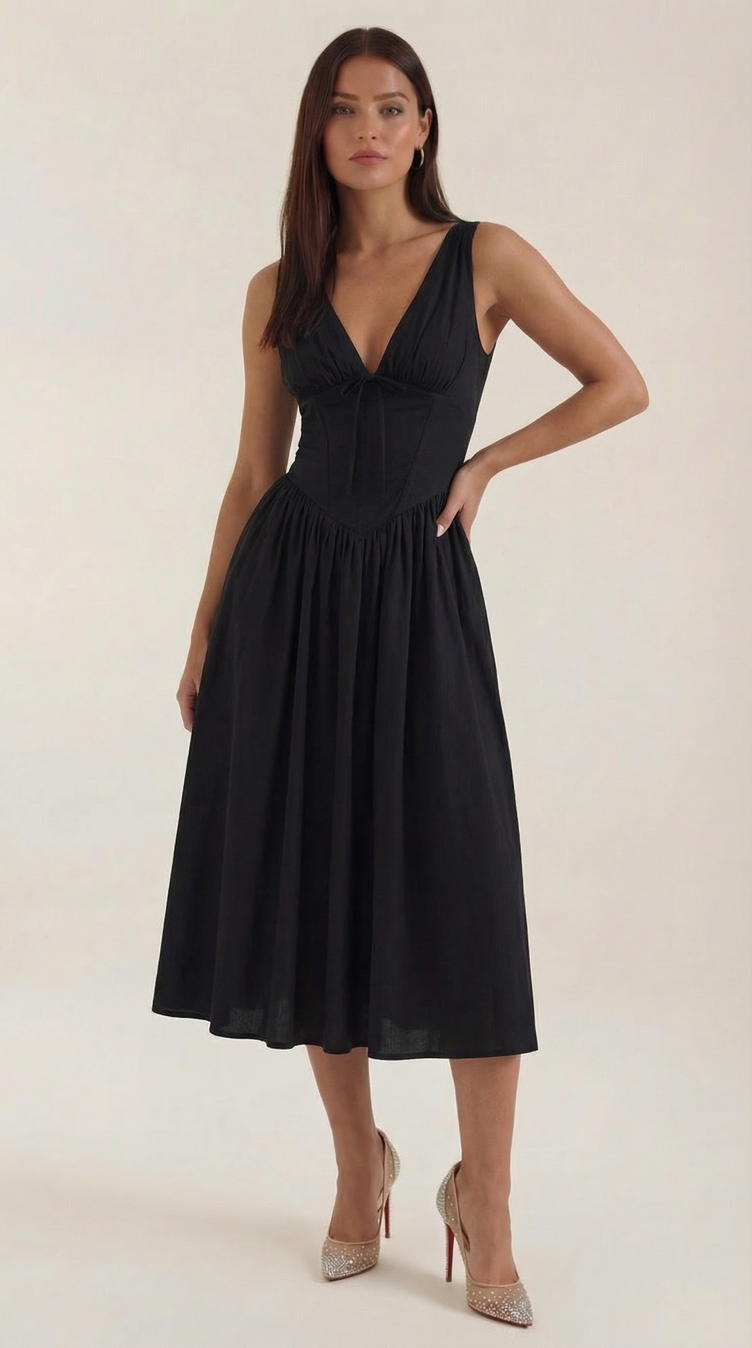 Midi Plunge Dress in Soft Fabric - Elegant Casual Wear for Parties and Events