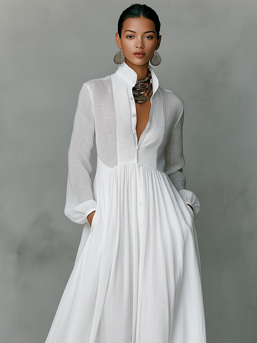 Minimalist Cotton Linen Maxi Dress with Stand-up Collar for Women