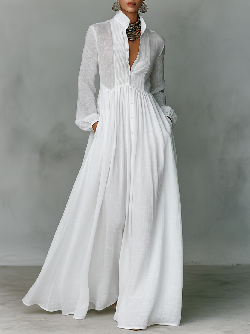 Minimalist Cotton Linen Maxi Dress with Stand-up Collar for Women