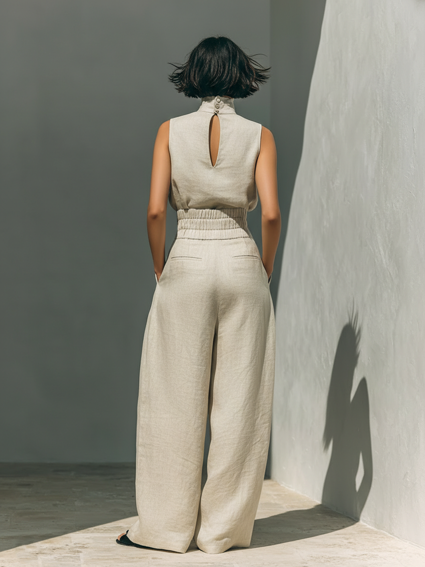 Minimalist Cotton-Linen Sleeveless Blouse & Wide-Leg Pants Set for Women