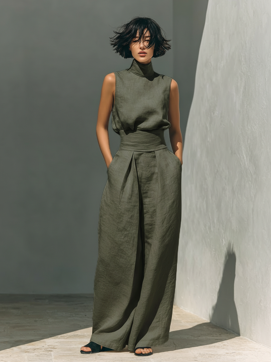 Minimalist Cotton-Linen Sleeveless Blouse & Wide-Leg Pants Set for Women