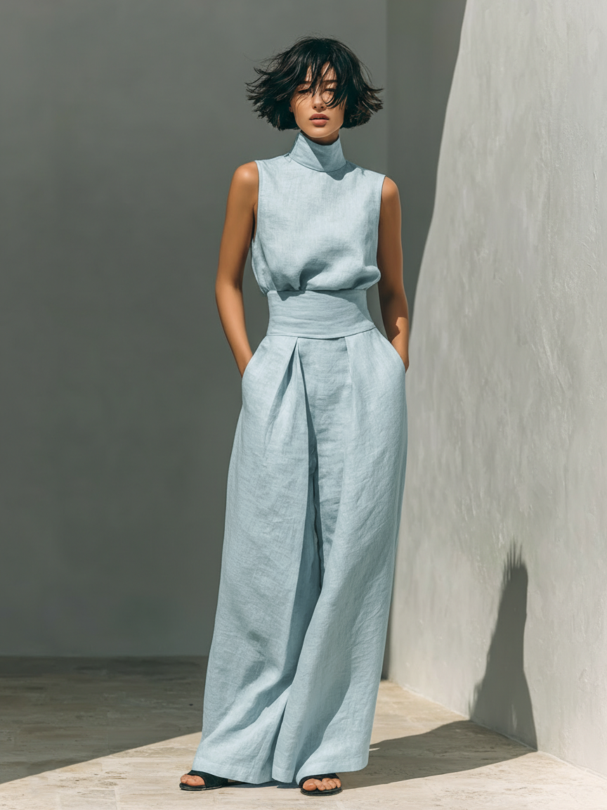 Minimalist Cotton-Linen Sleeveless Blouse & Wide-Leg Pants Set for Women