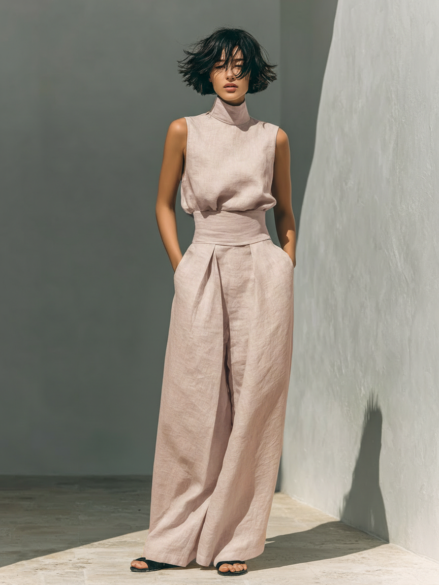 Minimalist Cotton-Linen Sleeveless Blouse & Wide-Leg Pants Set for Women