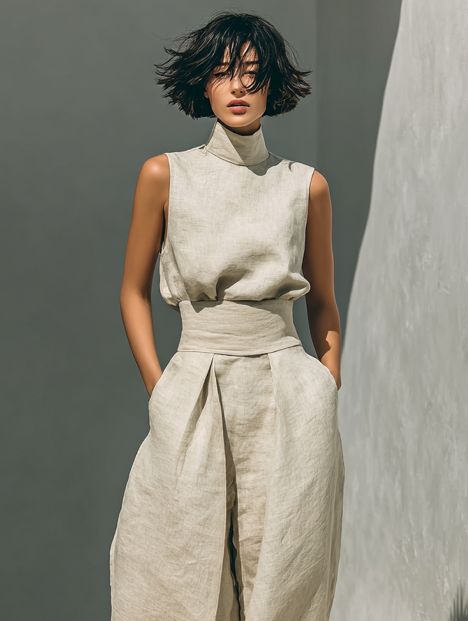 Minimalist Cotton-Linen Sleeveless Blouse & Wide-Leg Pants Set for Women