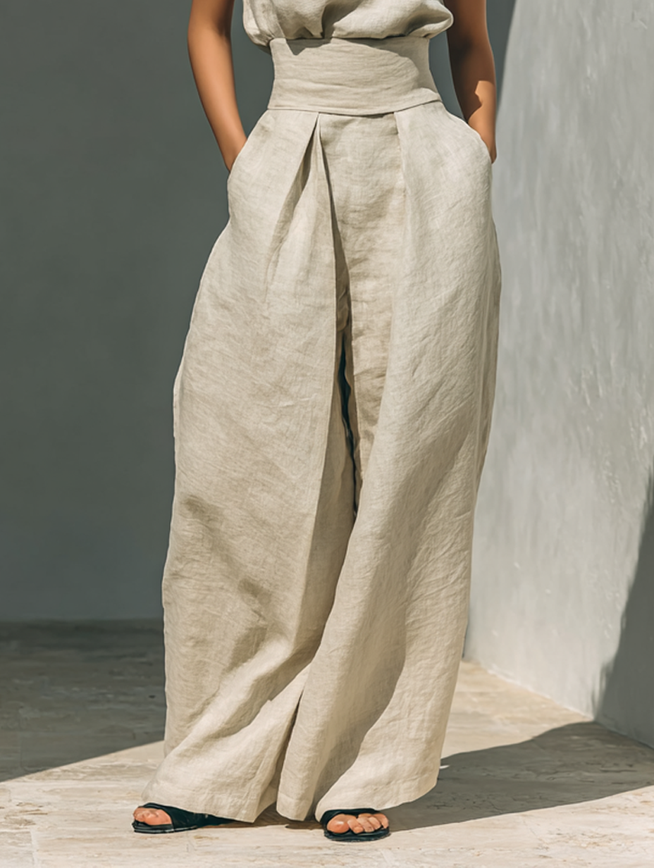 Minimalist Cotton-Linen Sleeveless Blouse & Wide-Leg Pants Set for Women