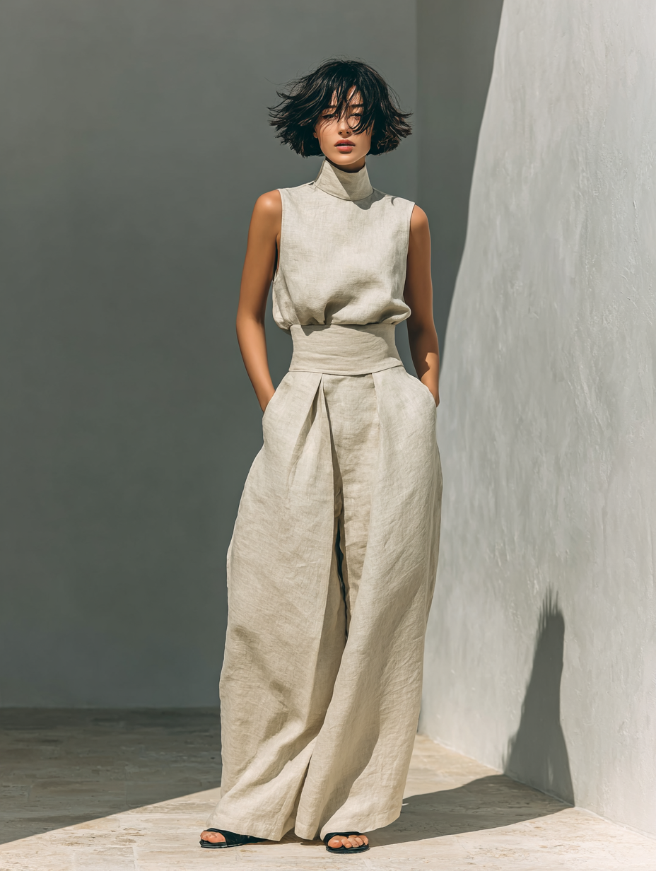 Minimalist Cotton-Linen Sleeveless Blouse & Wide-Leg Pants Set for Women