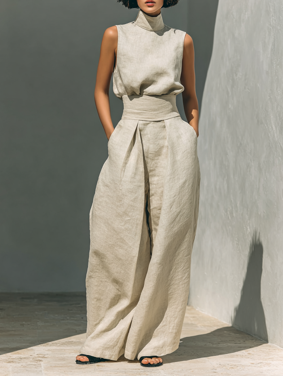 Minimalist Cotton-Linen Sleeveless Blouse & Wide-Leg Pants Set for Women