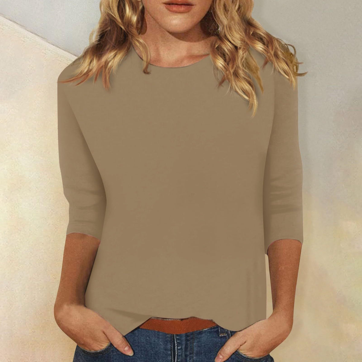 Women's Round Neck Three-Quarter Sleeve Solid Colour Tee – Casual, Everyday