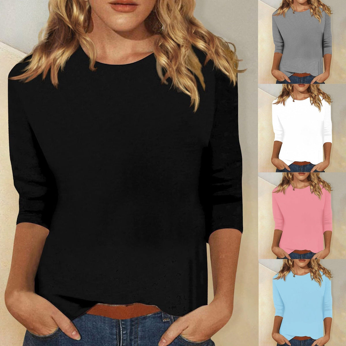 Women's Round Neck Three-Quarter Sleeve Solid Colour Tee – Casual, Everyday