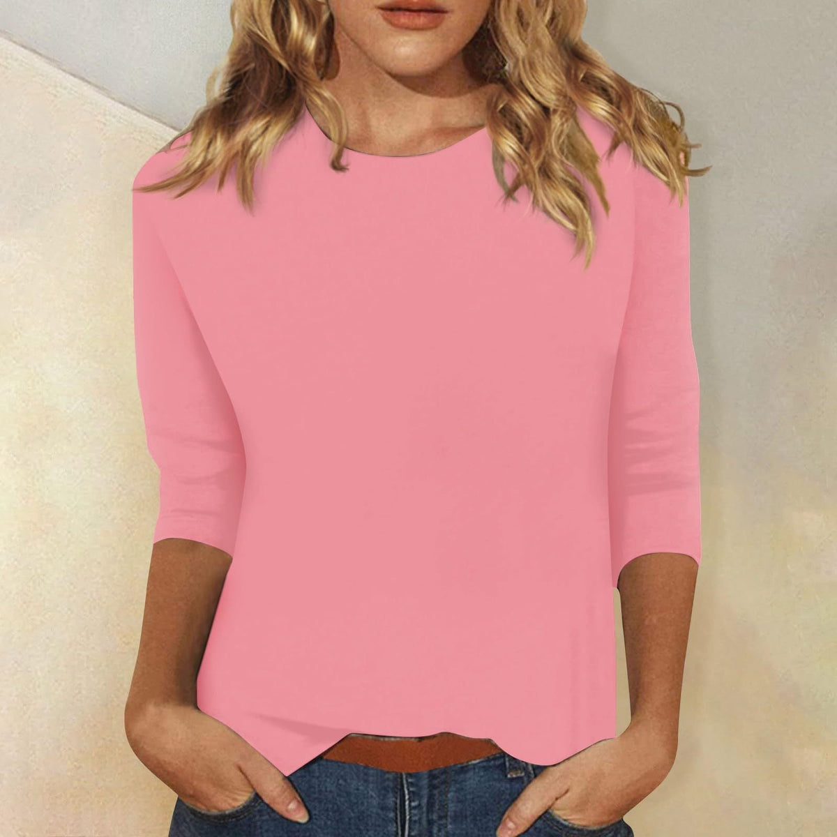 Women's Round Neck Three-Quarter Sleeve Solid Colour Tee – Casual, Everyday