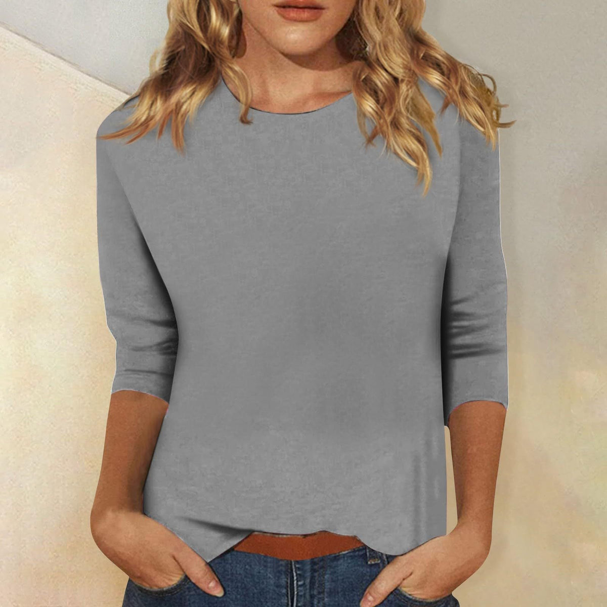 Women's Round Neck Three-Quarter Sleeve Solid Colour Tee – Casual, Everyday