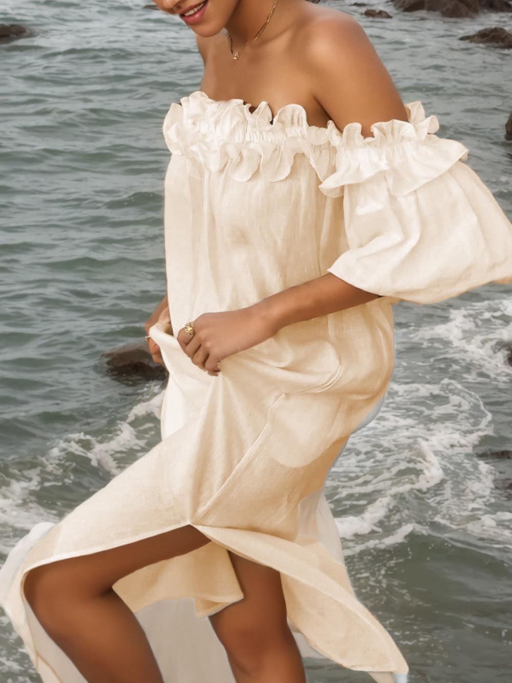 Off Shoulder Ruffle Midi Dress with Puff Sleeves and Pockets for Casual Wear