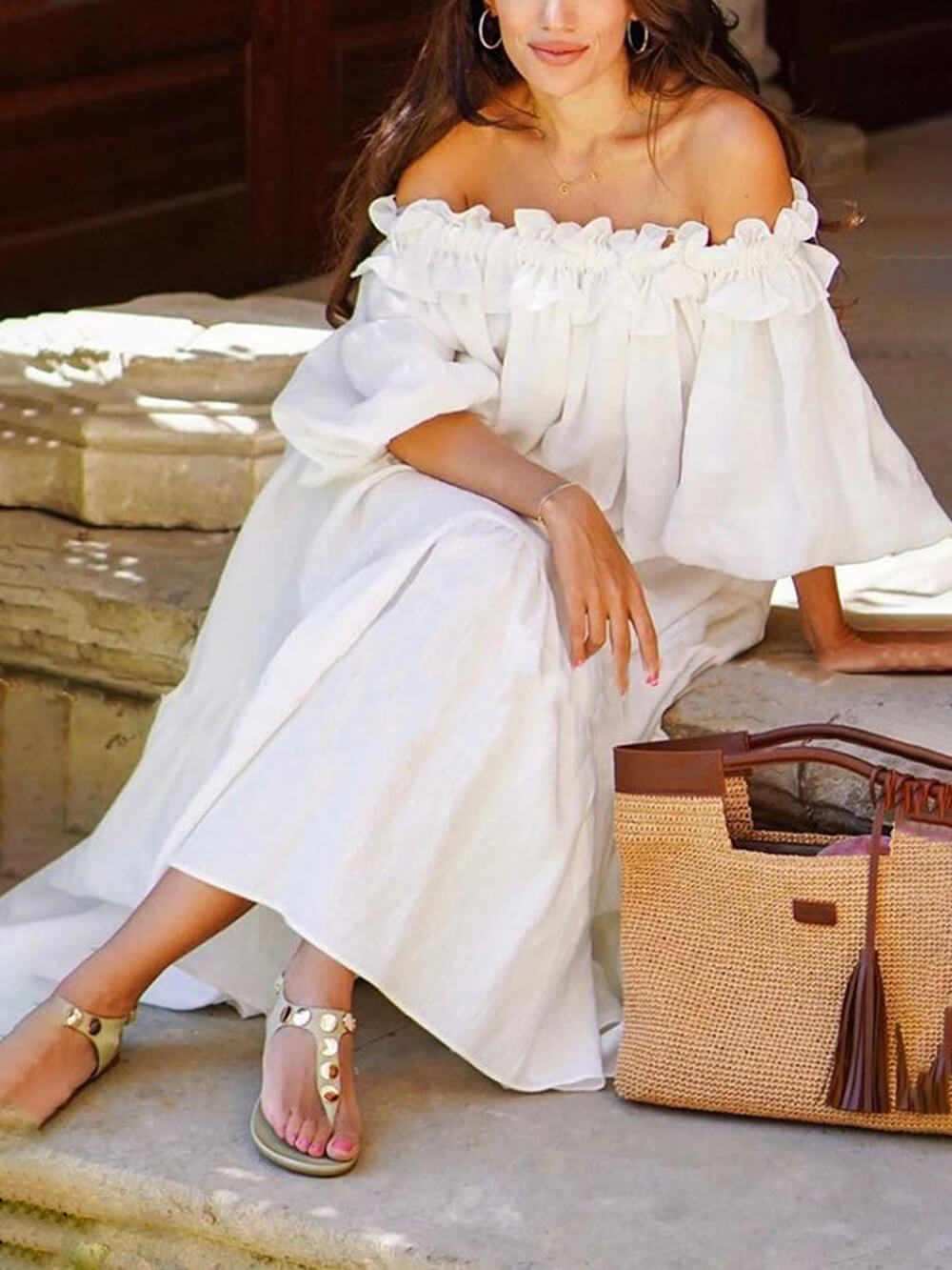 Off Shoulder Ruffle Midi Dress with Puff Sleeves and Pockets for Casual Wear