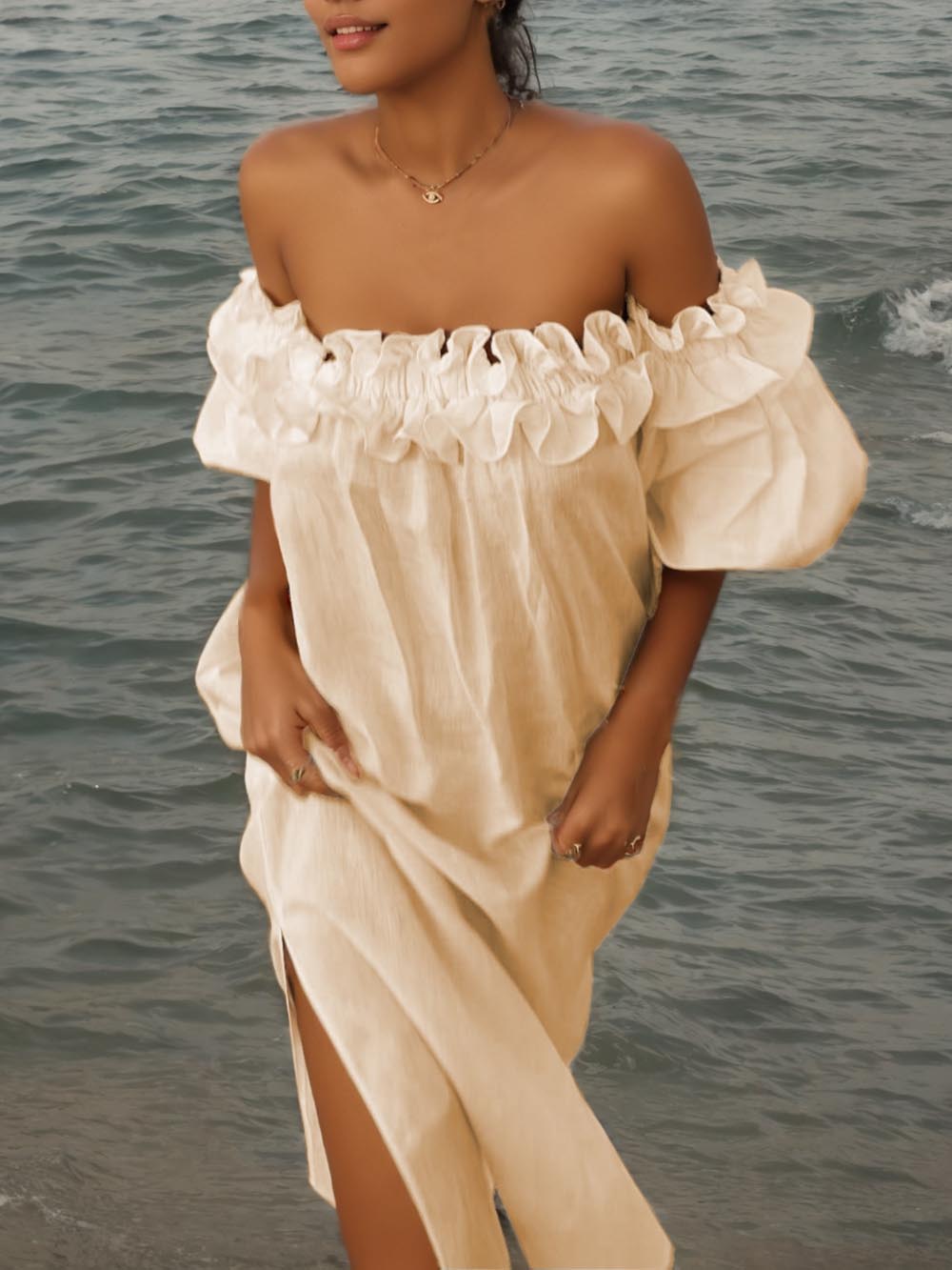 Off Shoulder Ruffle Midi Dress with Puff Sleeves and Pockets for Casual Wear