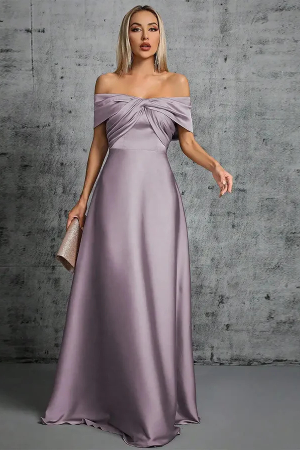 Off Shoulder Satin Pleated Maxi Dress for Women - Wedding Guest Attire