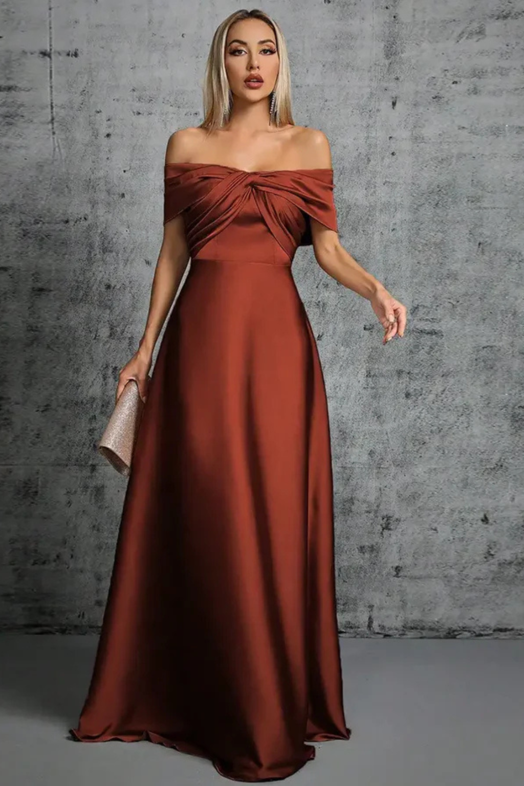 Off Shoulder Satin Pleated Maxi Dress for Women - Wedding Guest Attire