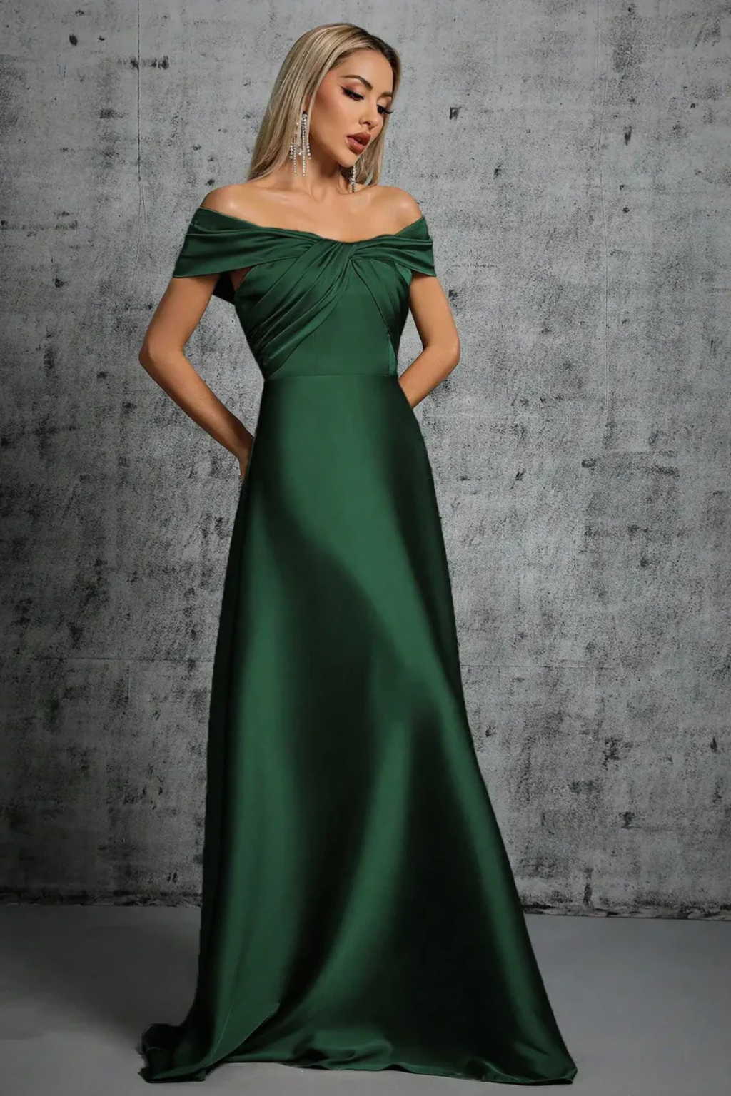 Off Shoulder Satin Pleated Maxi Dress for Women - Wedding Guest Attire
