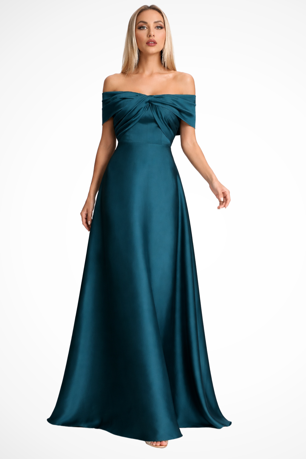 Off Shoulder Satin Pleated Maxi Dress for Women - Wedding Guest Attire