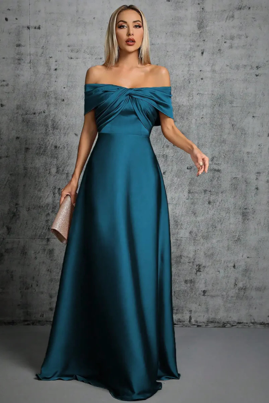 Off Shoulder Satin Pleated Maxi Dress for Women - Wedding Guest Attire