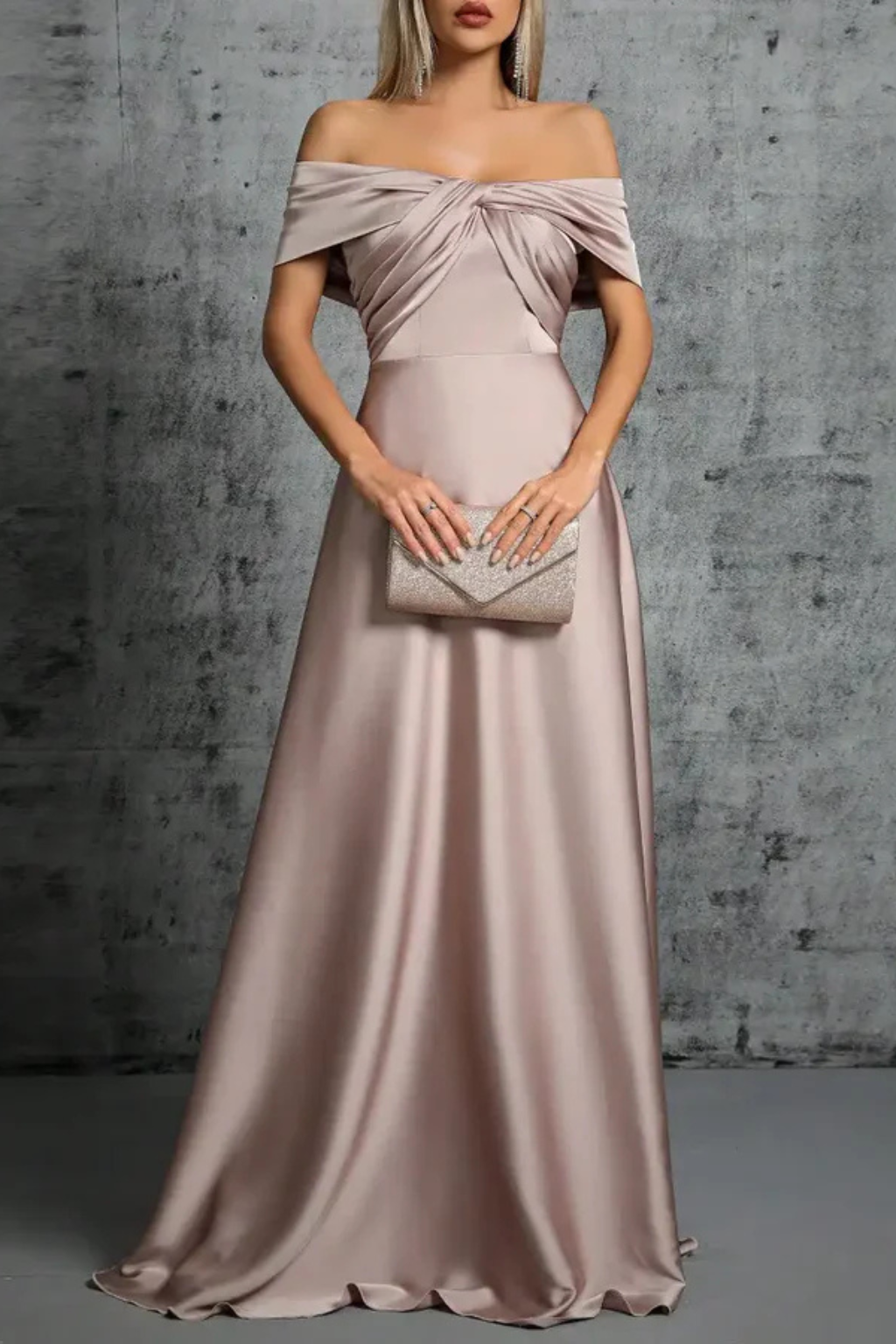 Off Shoulder Satin Pleated Maxi Dress for Women - Wedding Guest Attire