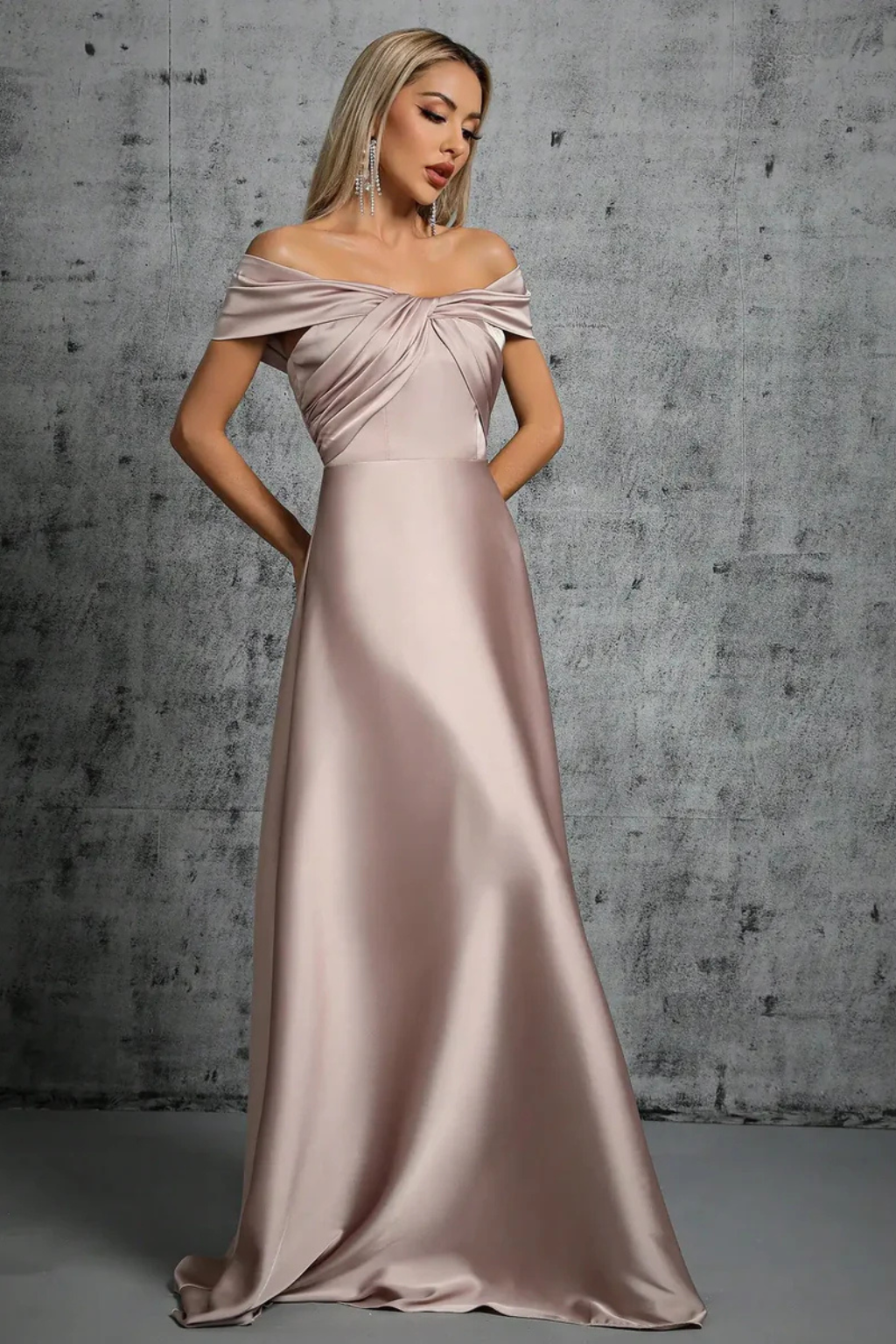 Off Shoulder Satin Pleated Maxi Dress for Women - Wedding Guest Attire