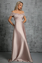 Off Shoulder Satin Pleated Maxi Dress for Women - Wedding Guest Attire