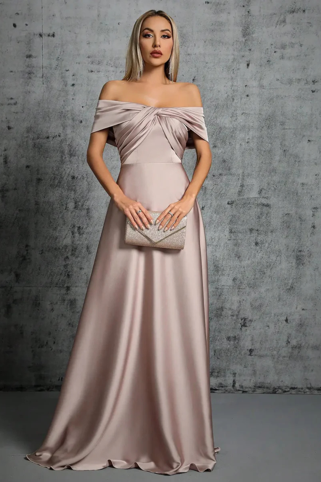 Off Shoulder Satin Pleated Maxi Dress for Women - Wedding Guest Attire