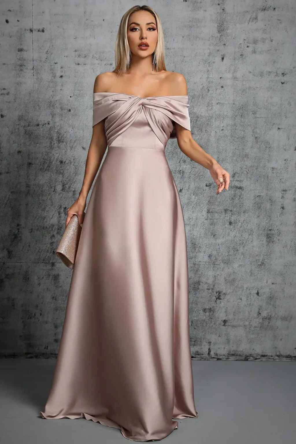 Off Shoulder Satin Pleated Maxi Dress for Women - Wedding Guest Attire