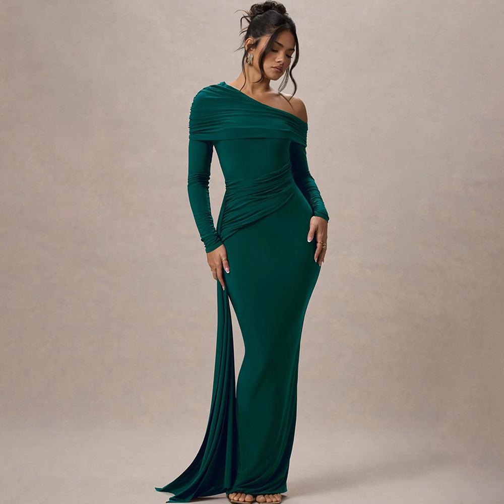One-Shoulder Maxi Dress in Soft Fabric - Elegant Evening Wear for Women - Multiple Color Options Available