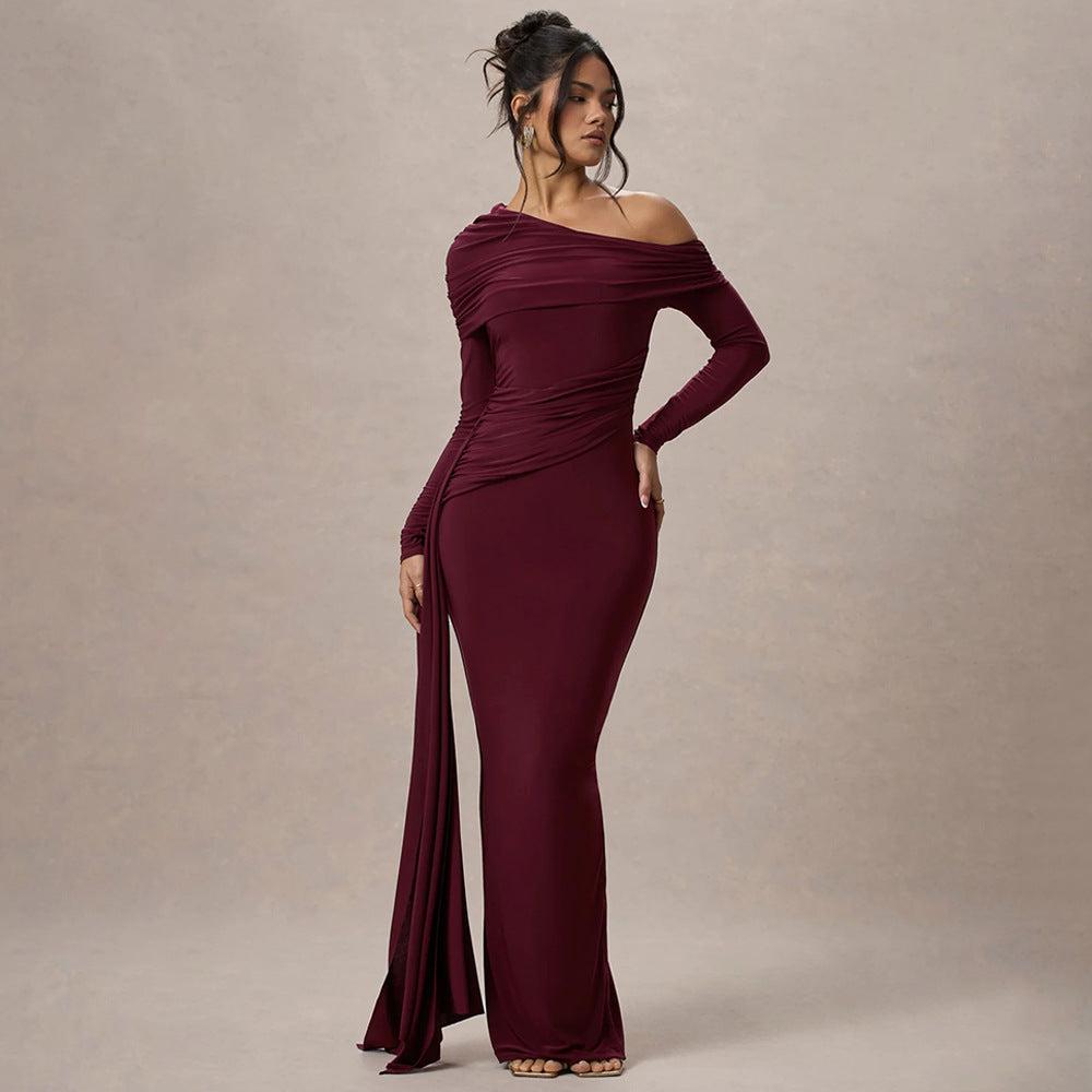 One-Shoulder Maxi Dress in Soft Fabric - Elegant Evening Wear for Women - Multiple Color Options Available