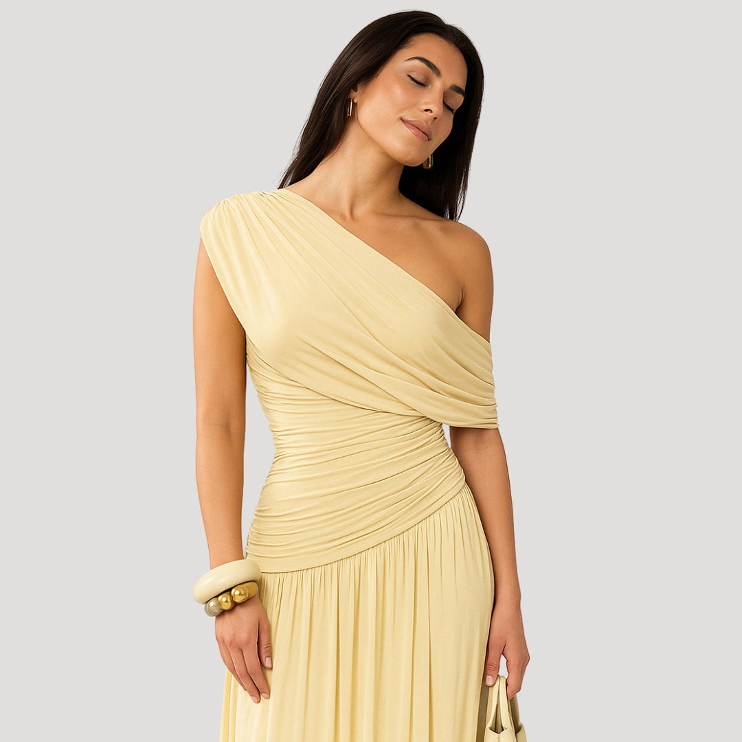 One-Shoulder Ruched Maxi Dress for Women | Elegant Summer Evening Wear | Lightweight Fabric