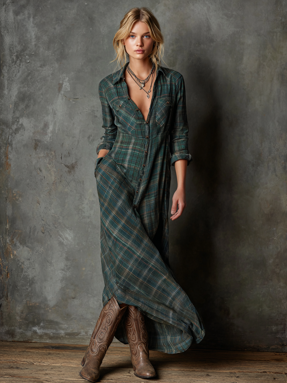 Plaid Maxi Dress with Lapel Collar - Women's Single-Breasted Casual Wear