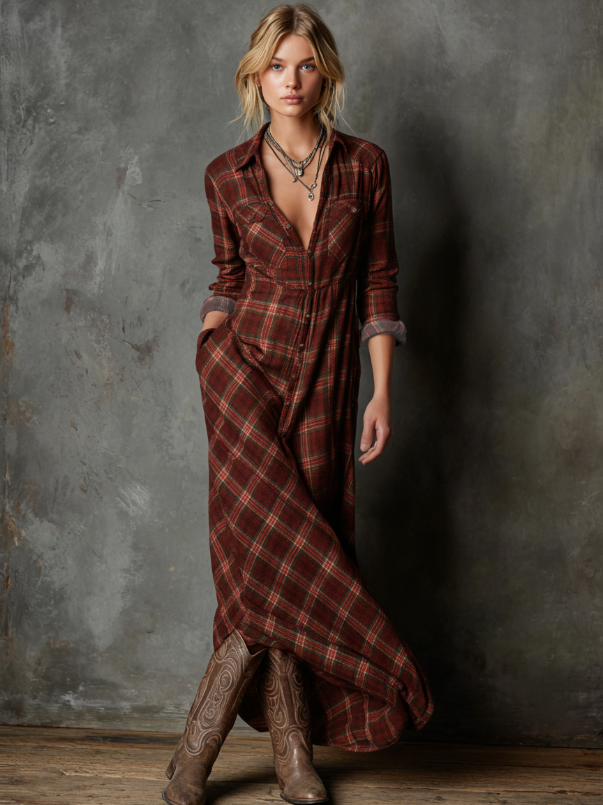 Plaid Maxi Dress with Lapel Collar - Women's Single-Breasted Casual Wear