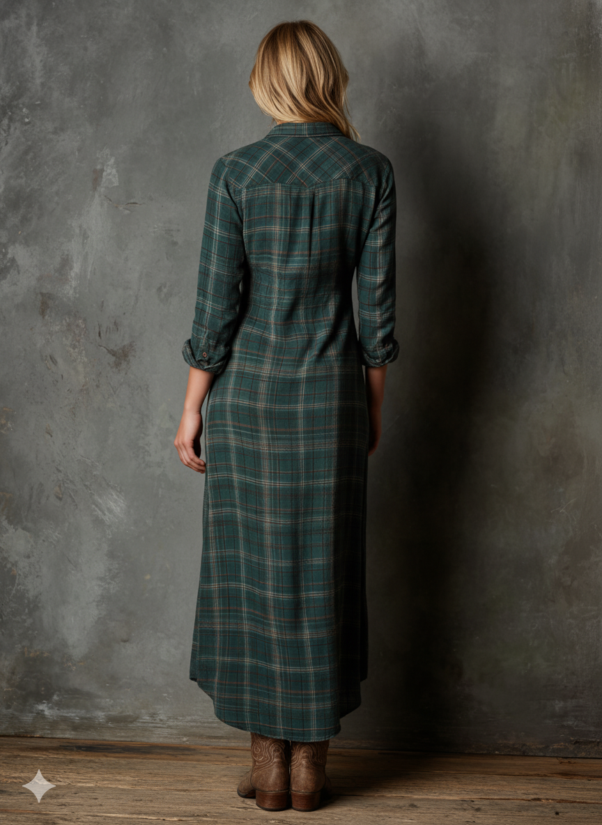 Plaid Maxi Dress with Lapel Collar - Women's Single-Breasted Casual Wear