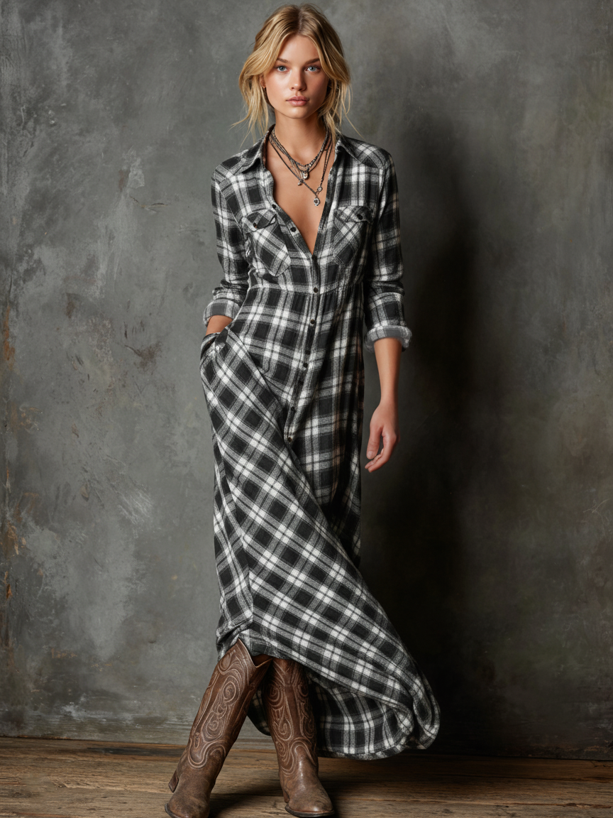 Plaid Maxi Dress with Lapel Collar - Women's Single-Breasted Casual Wear