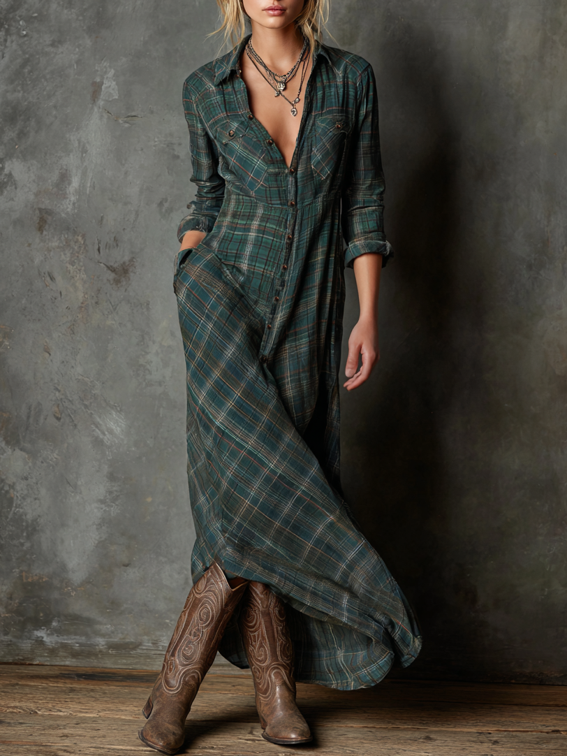 Plaid Maxi Dress with Lapel Collar - Women's Single-Breasted Casual Wear