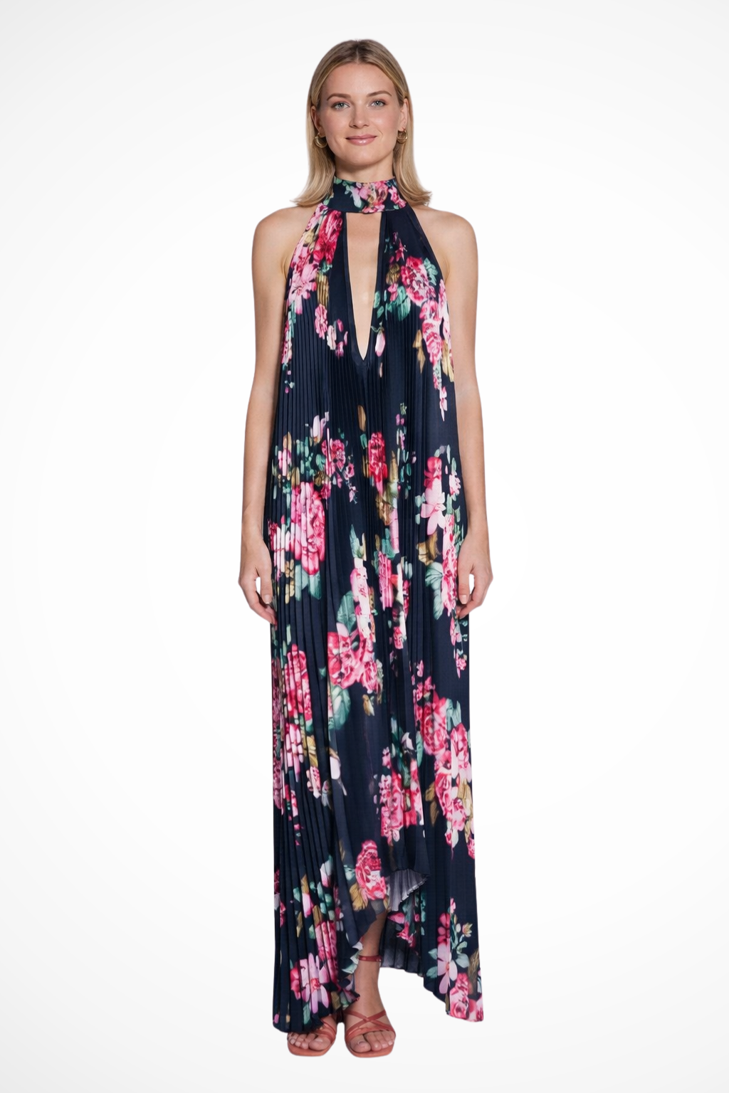 Printed Pleated Halter Neck Maxi Dress for Women | Wedding Guest Attire