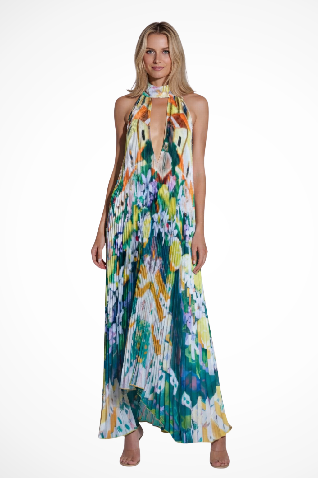 Printed Pleated Halter Neck Maxi Dress for Women | Wedding Guest Attire