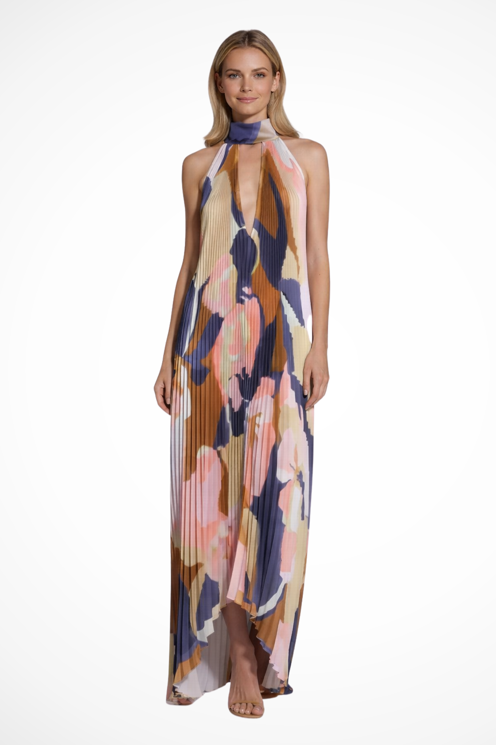 Printed Pleated Halter Neck Maxi Dress for Women | Wedding Guest Attire