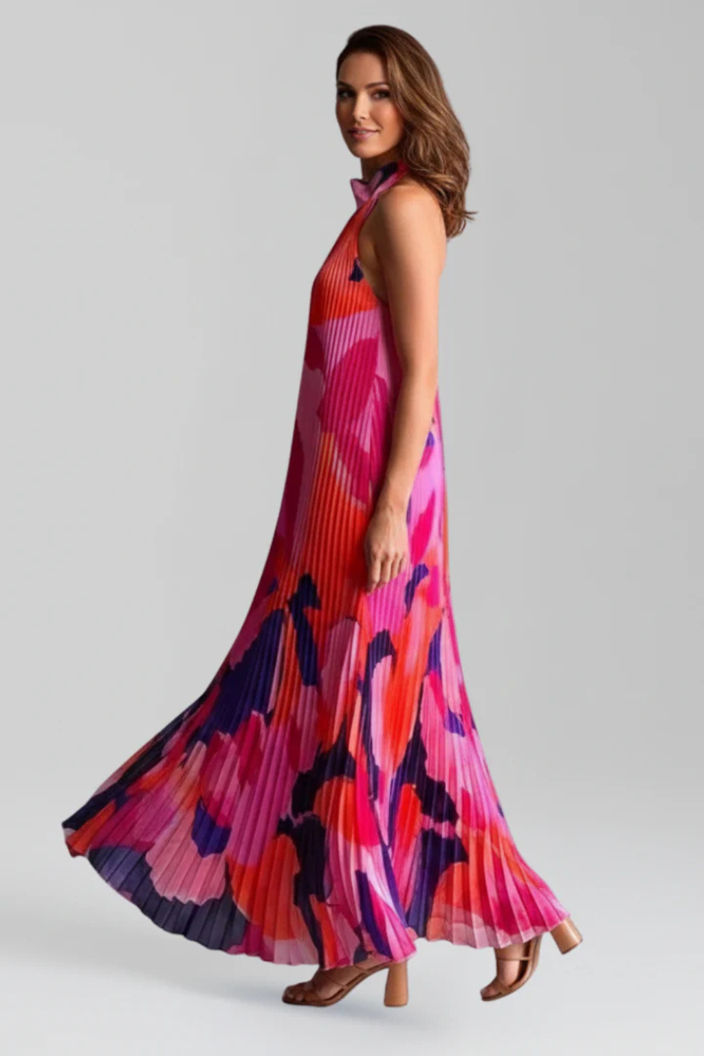 Printed Pleated Halter Neck Maxi Dress for Women | Wedding Guest Attire