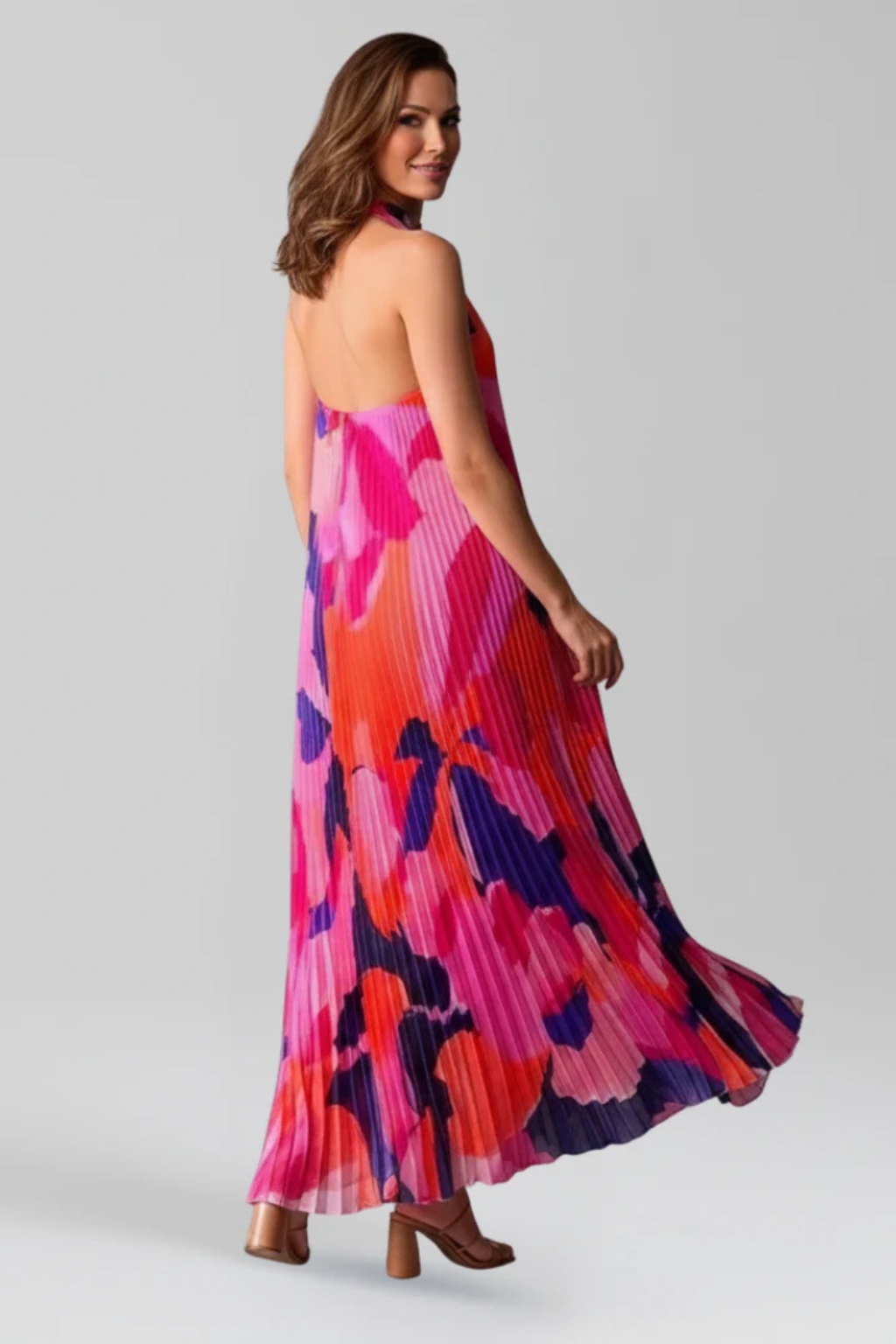 Printed Pleated Halter Neck Maxi Dress for Women | Wedding Guest Attire