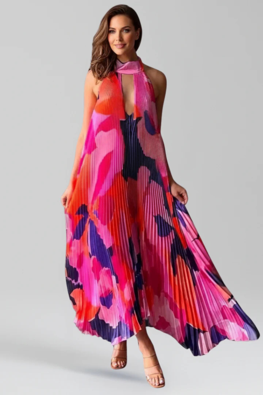 Printed Pleated Halter Neck Maxi Dress for Women | Wedding Guest Attire