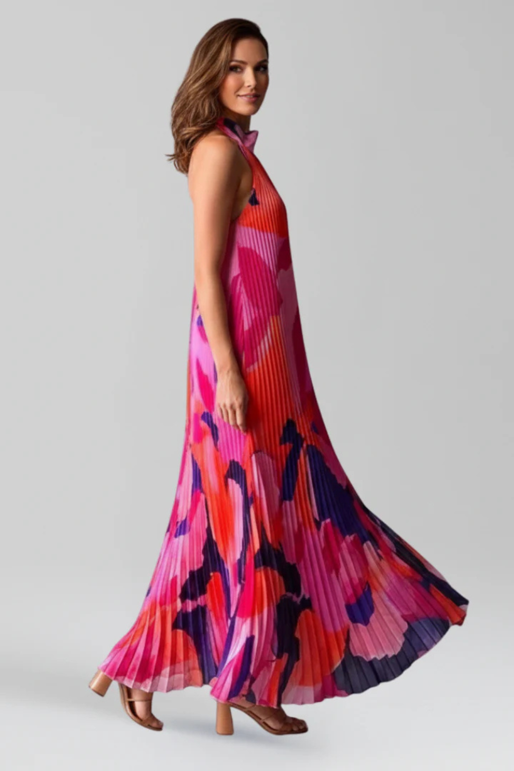 Printed Pleated Halter Neck Maxi Dress for Women | Wedding Guest Attire