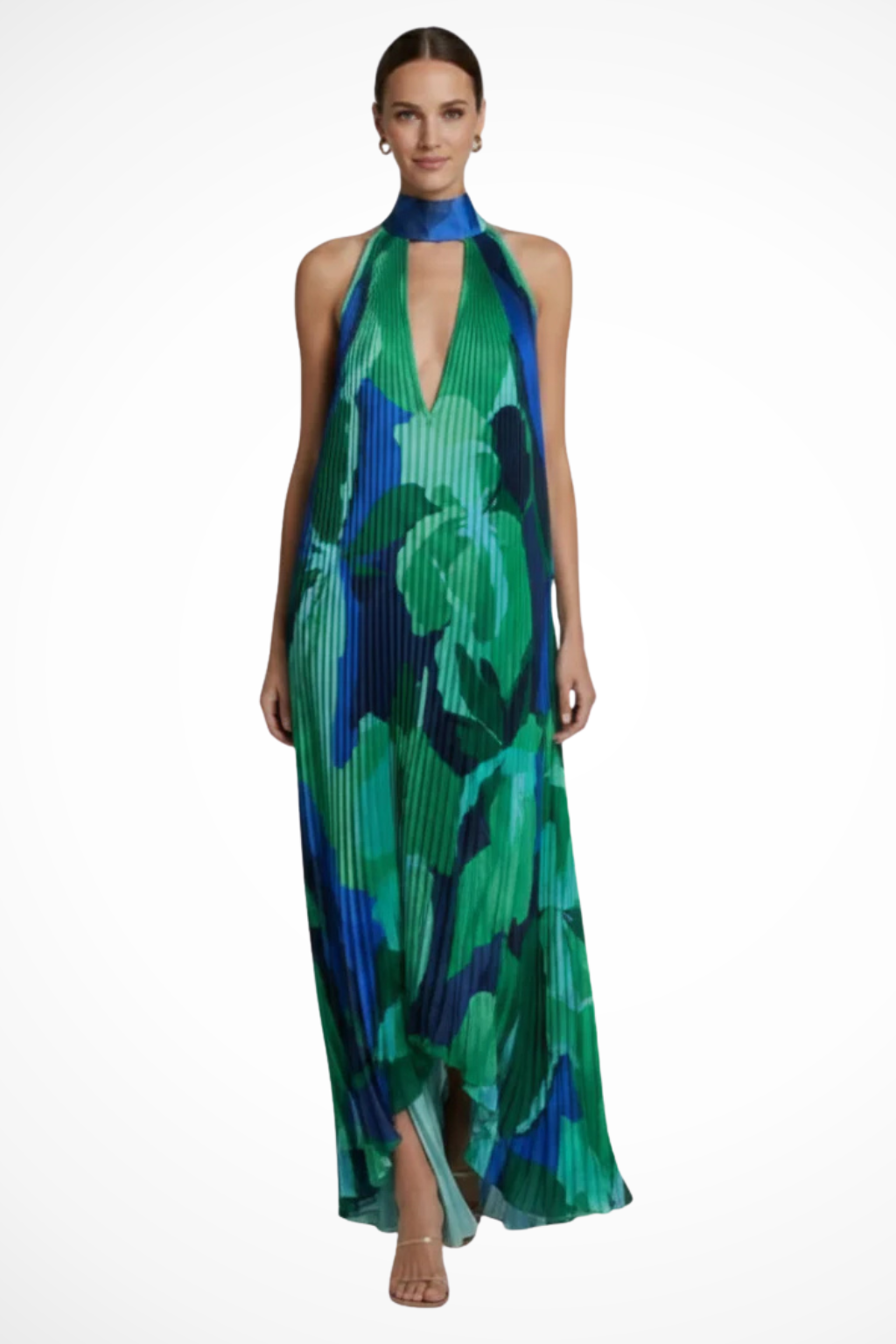 Printed Pleated Halter Neck Maxi Dress for Women | Wedding Guest Attire