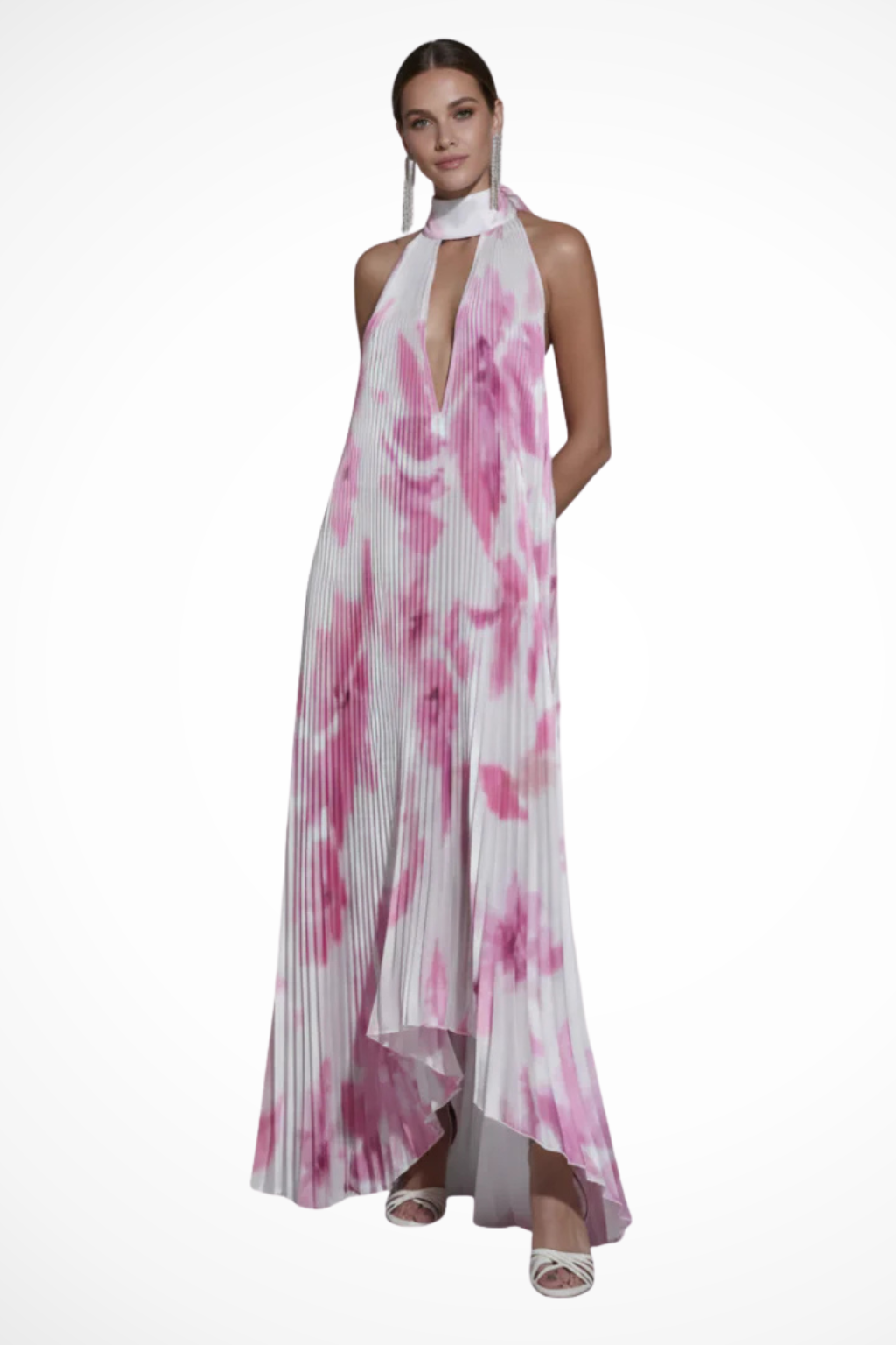 Printed Pleated Halter Neck Maxi Dress for Women | Wedding Guest Attire