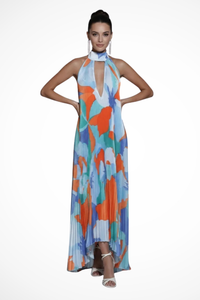 Printed Pleated Halter Neck Maxi Dress for Women | Wedding Guest Attire