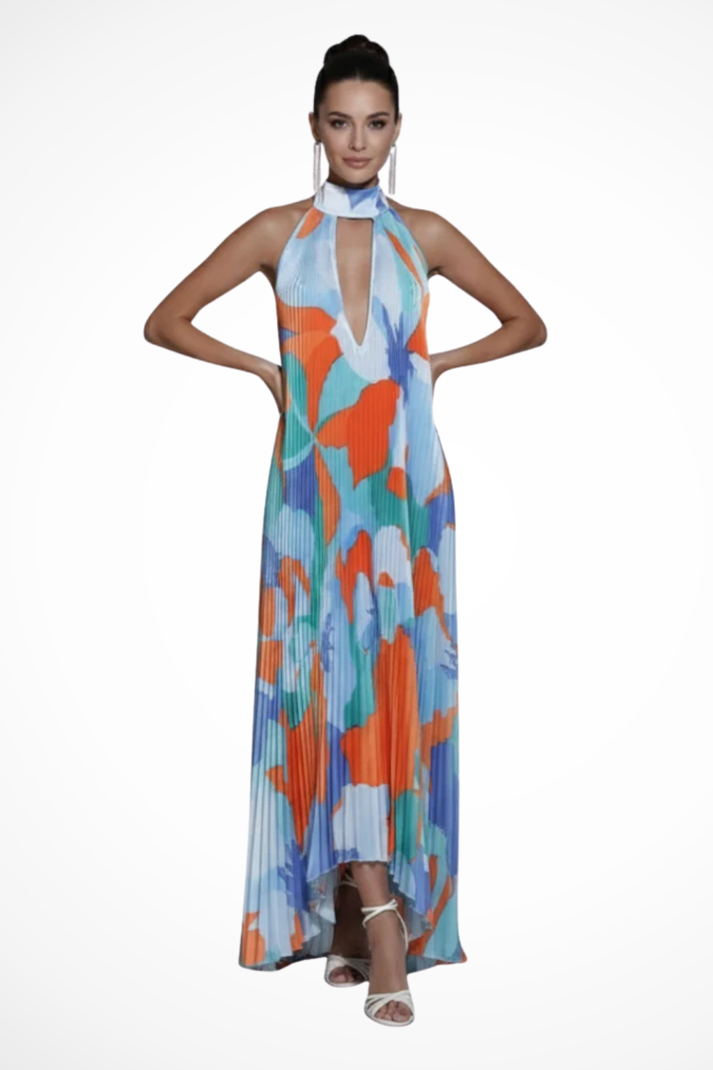Printed Pleated Halter Neck Maxi Dress for Women | Wedding Guest Attire