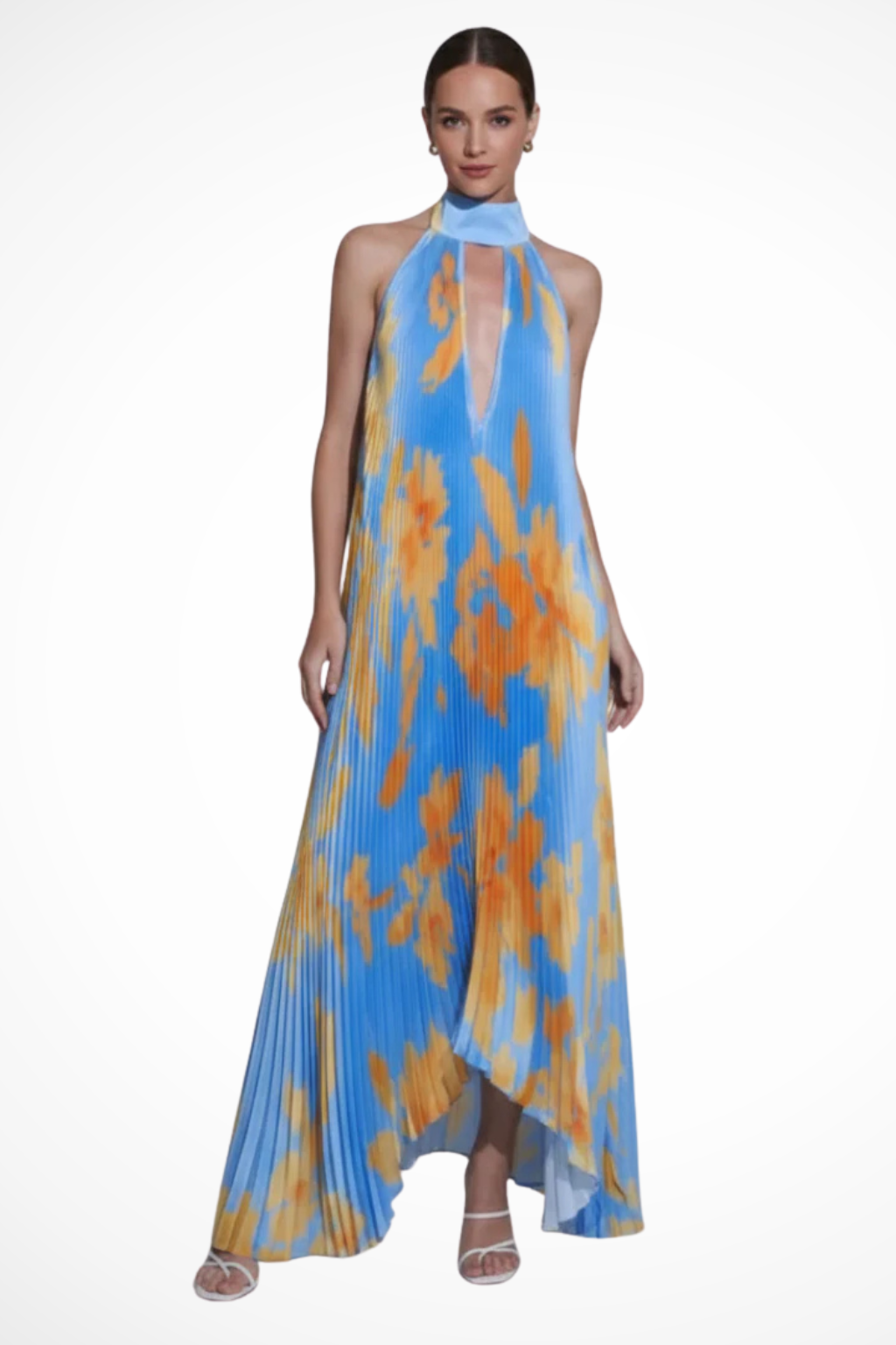 Printed Pleated Halter Neck Maxi Dress for Women | Wedding Guest Attire