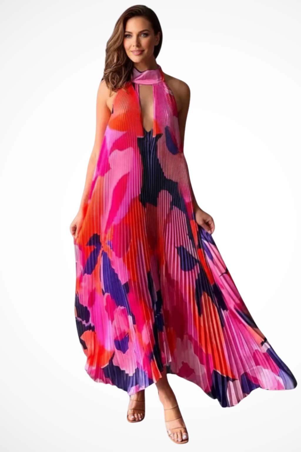 Printed Pleated Halter Neck Maxi Dress for Women | Wedding Guest Attire